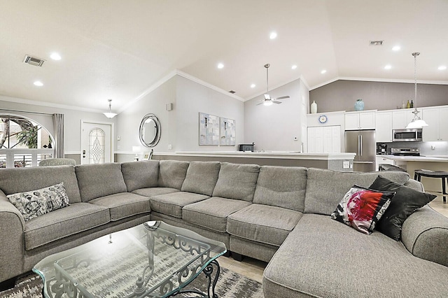 2045 NW 127th Ter, Coral Springs, FL 33071 - living area featuring lofted ceiling, ceiling fan, visible vents, and crown molding