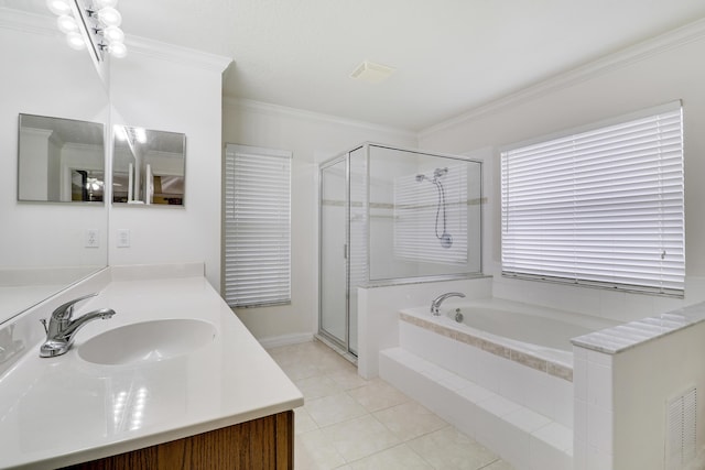 full bath with ornamental molding, a shower stall, and a bath