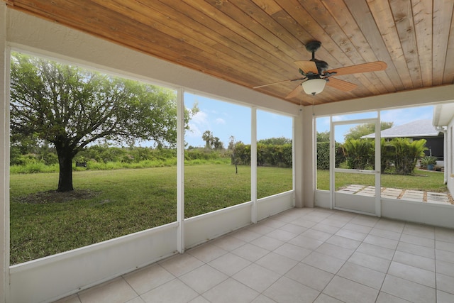 unfurnished sunroom with wood ceiling and ceiling fan