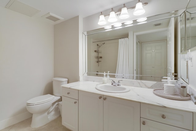 bathroom featuring tile patterned floors, visible vents, curtained shower, and toilet