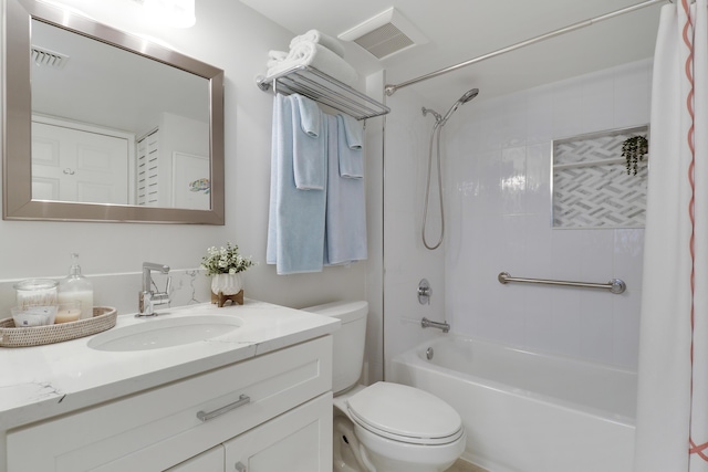 full bathroom with visible vents, vanity, toilet, and shower / tub combo