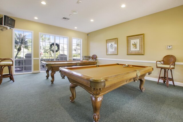 rec room with visible vents, billiards, recessed lighting, carpet, and baseboards