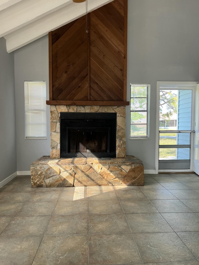 details featuring baseboards and a stone fireplace