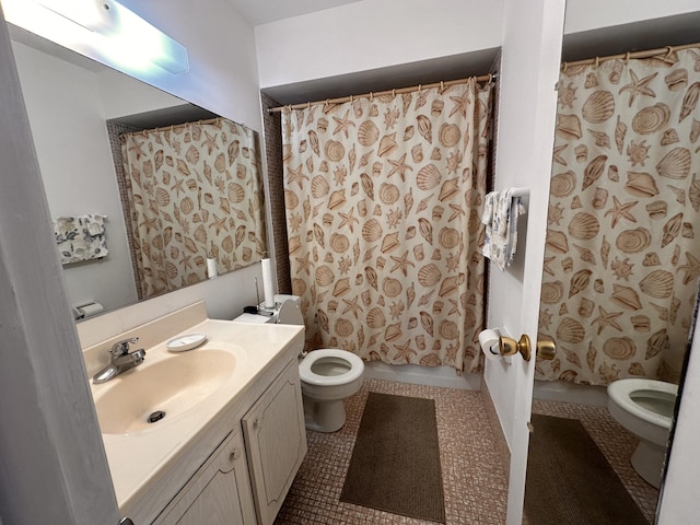 bathroom with toilet, tile patterned flooring, shower / bathtub combination with curtain, and vanity