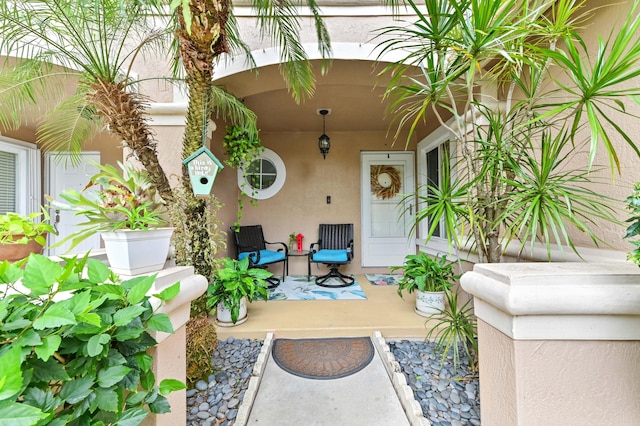 doorway to property featuring covered porch and stucco siding