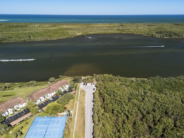 bird's eye view with a water view