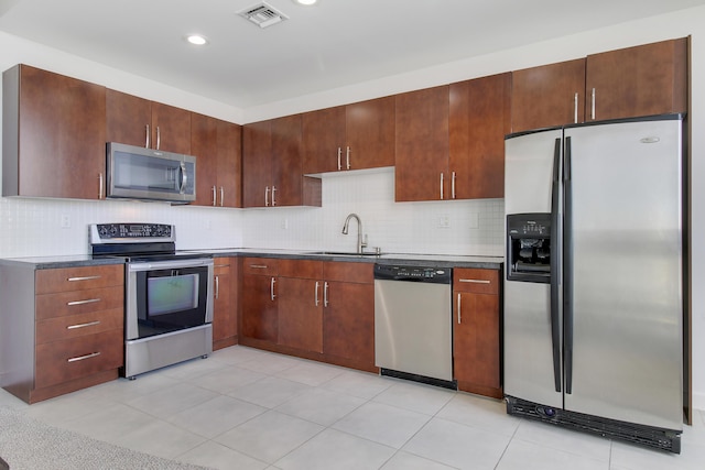 kitchen featuring a sink, visible vents, appliances with stainless steel finishes, tasteful backsplash, and dark countertops