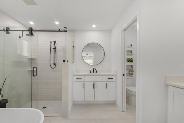 full bath featuring tile patterned flooring, toilet, recessed lighting, vanity, and a stall shower