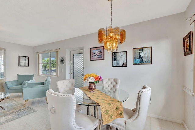 dining room featuring light tile patterned floors, baseboards, and a chandelier