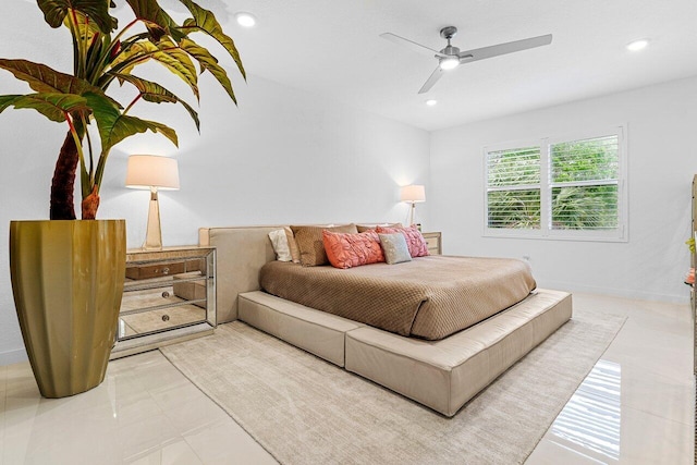 bedroom featuring ceiling fan, baseboards, and recessed lighting