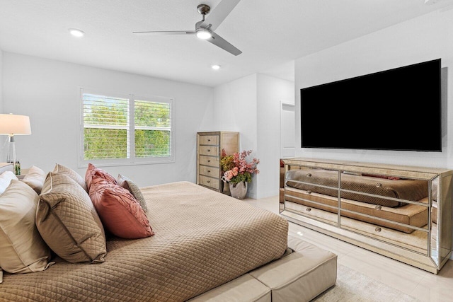 tiled bedroom with recessed lighting and ceiling fan