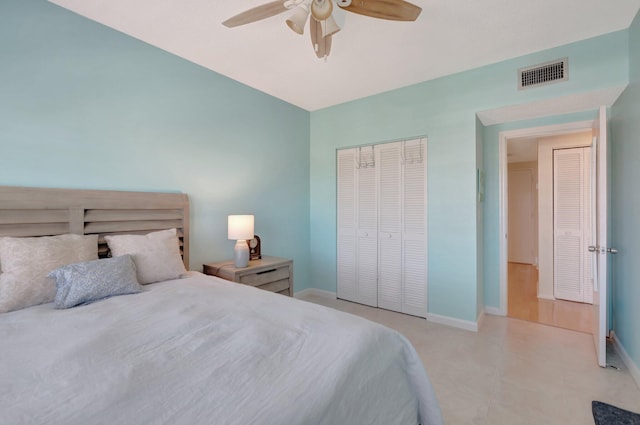 bedroom featuring a closet, visible vents, ceiling fan, and baseboards