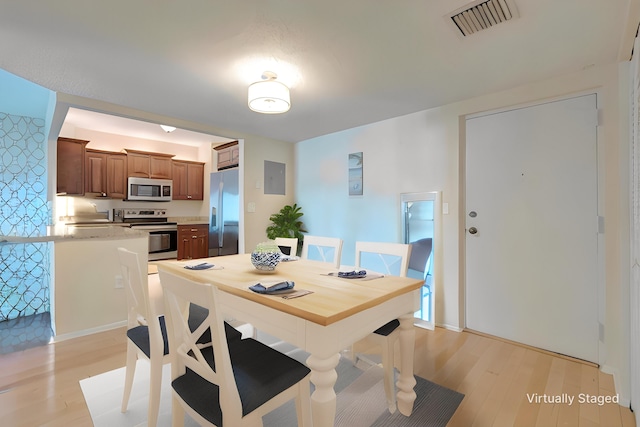 dining space featuring electric panel, visible vents, and light wood-style flooring