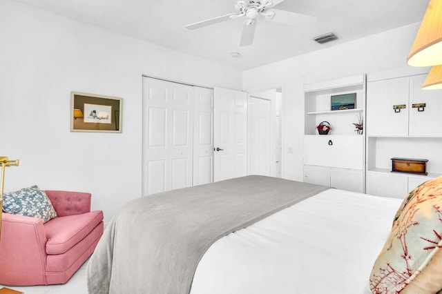 bedroom featuring a closet, visible vents, and ceiling fan