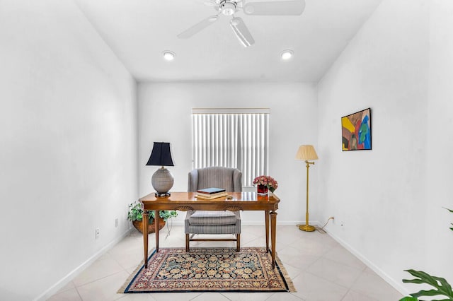 home office with recessed lighting, light tile patterned flooring, a ceiling fan, and baseboards