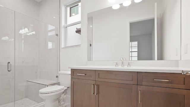 bathroom featuring a shower stall, toilet, and vanity