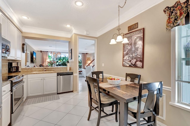 dining space featuring light tile patterned floors, ornamental molding, stairway, an inviting chandelier, and recessed lighting