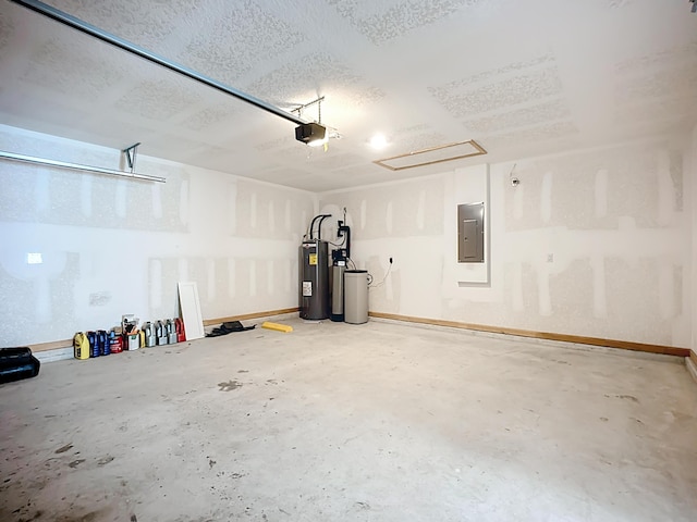 garage with electric panel, a garage door opener, baseboards, and electric water heater