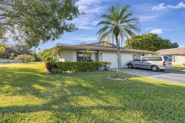 ranch-style house with aphalt driveway, a front yard, a garage, and stucco siding