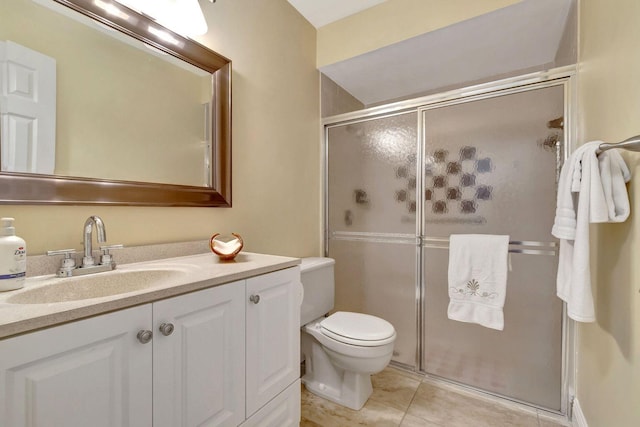 full bath with toilet, a shower stall, vanity, and tile patterned floors