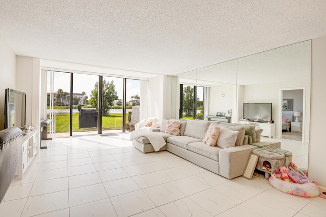 living room with a textured ceiling