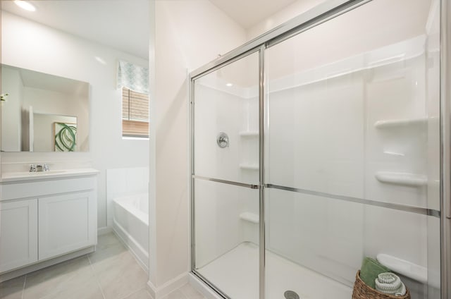 full bath with tile patterned flooring, a shower stall, a bath, and vanity