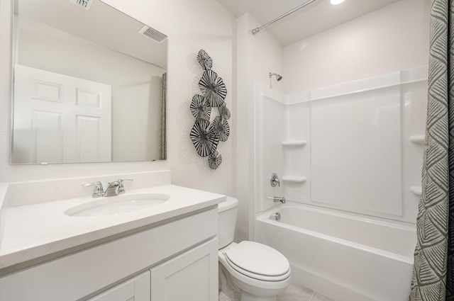 full bath featuring shower / bath combo, visible vents, toilet, tile patterned flooring, and vanity