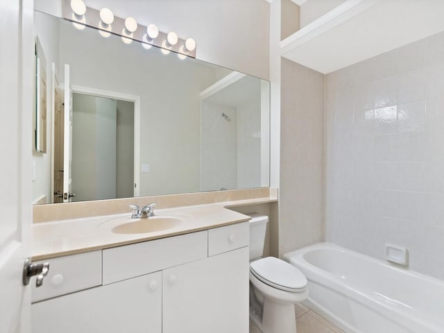 full bathroom featuring bathtub / shower combination, vanity, toilet, and tile patterned floors