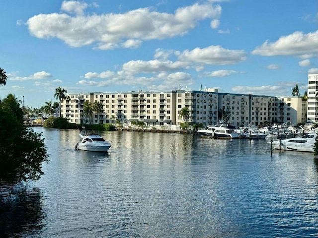 view of water feature with a dock and a view of city