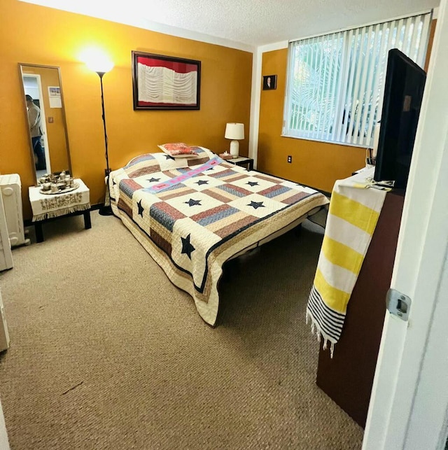 carpeted bedroom featuring a textured ceiling