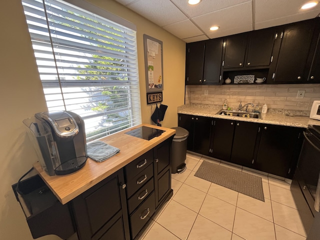 kitchen with dark cabinets, stove, a sink, and tasteful backsplash