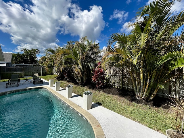 view of pool featuring a patio, a fenced backyard, and a fenced in pool