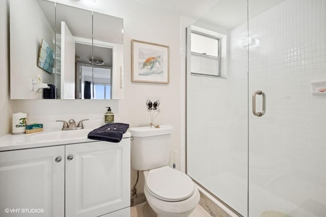 full bath featuring a shower stall, toilet, and vanity