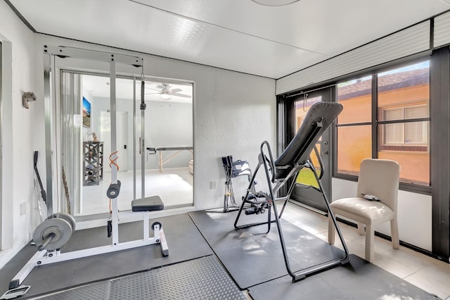 workout area featuring a sunroom