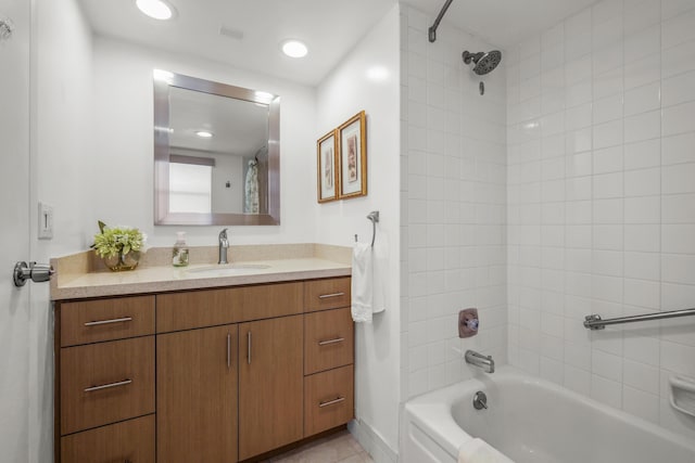 bathroom with recessed lighting, shower / tub combination, vanity, and tile patterned floors