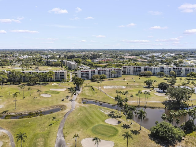 aerial view with a water view and golf course view