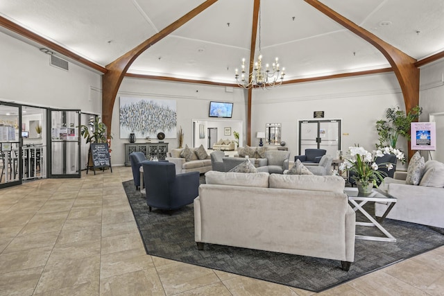 tiled living room with a high ceiling, a notable chandelier, and arched walkways