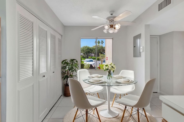 dining space with light tile patterned floors, ceiling fan, and electric panel