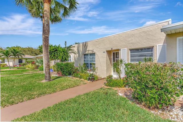 doorway to property featuring a lawn and stucco siding