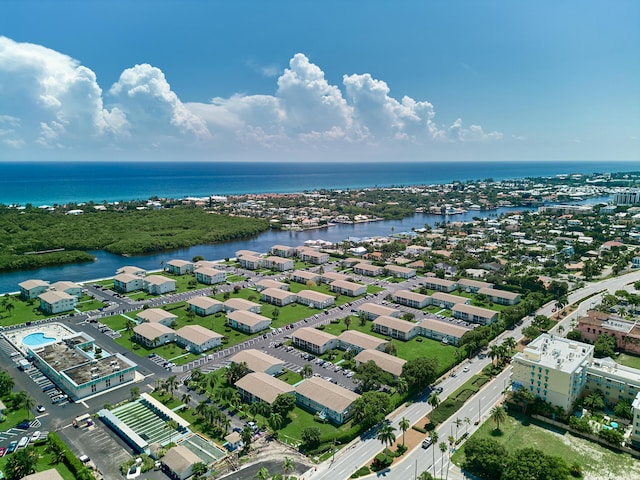 drone / aerial view featuring a water view