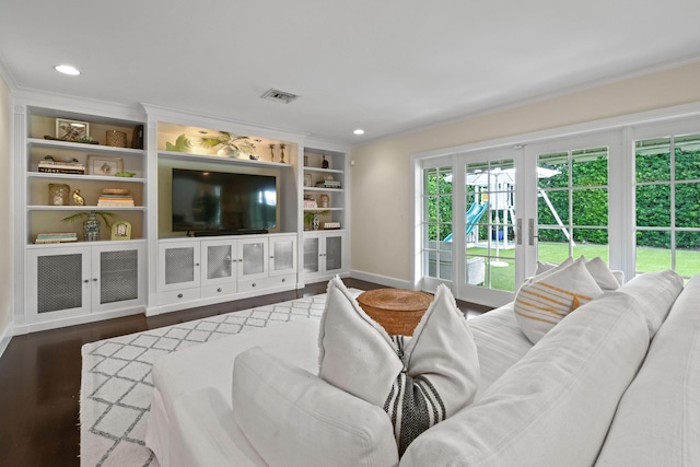 living room featuring recessed lighting, wood finished floors, visible vents, and french doors