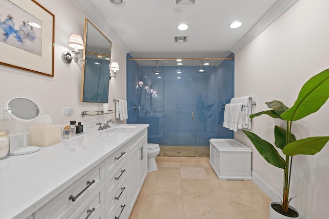 full bathroom with vanity, visible vents, a stall shower, crown molding, and toilet