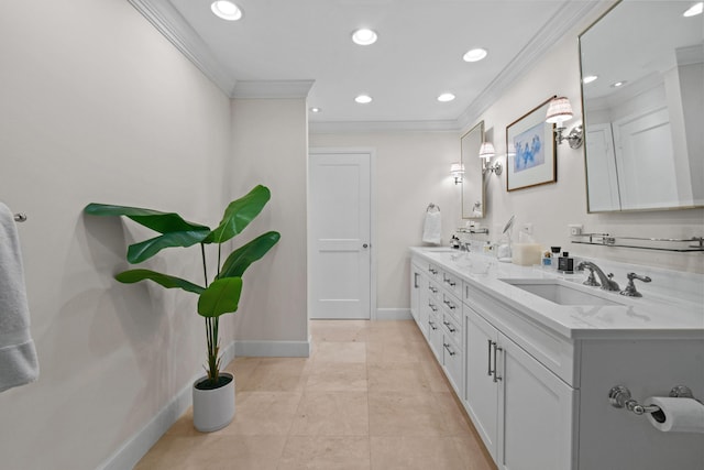 full bathroom featuring a sink, recessed lighting, crown molding, double vanity, and baseboards