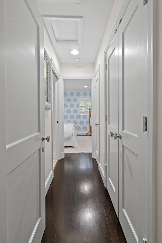 hall featuring baseboards, dark wood-type flooring, and attic access