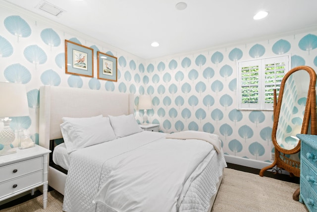 bedroom with recessed lighting, wallpapered walls, and baseboards