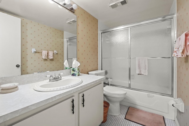 bathroom with tile patterned flooring, toilet, bath / shower combo with glass door, visible vents, and wallpapered walls