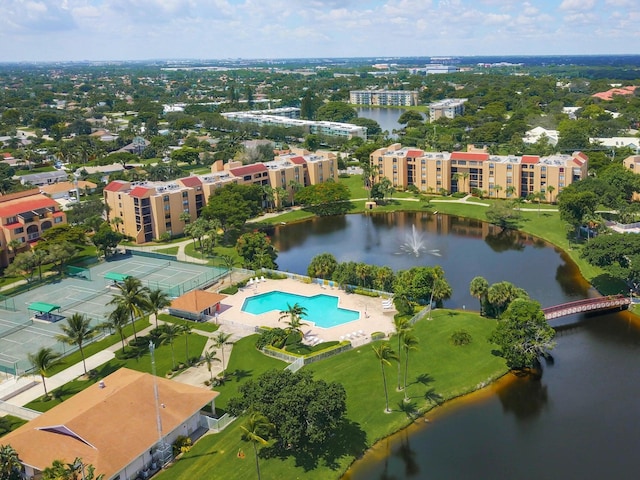 bird's eye view with a water view