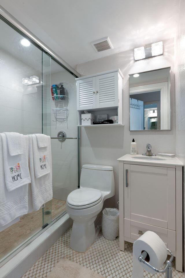 full bath featuring toilet, a shower stall, visible vents, and vanity