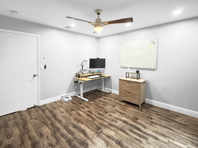 office featuring wood finished floors, visible vents, baseboards, recessed lighting, and ceiling fan