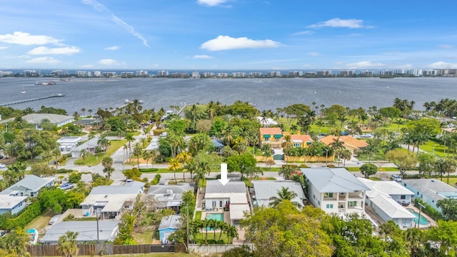 aerial view with a water view and a residential view